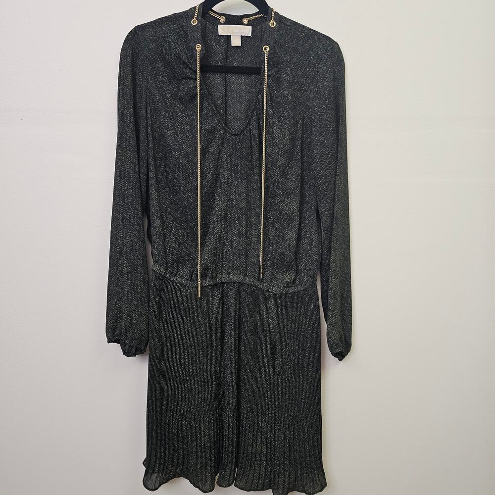 Michael Kors Deep Green & Black Python Pleated Midi Dress Gold Chains SZ 8